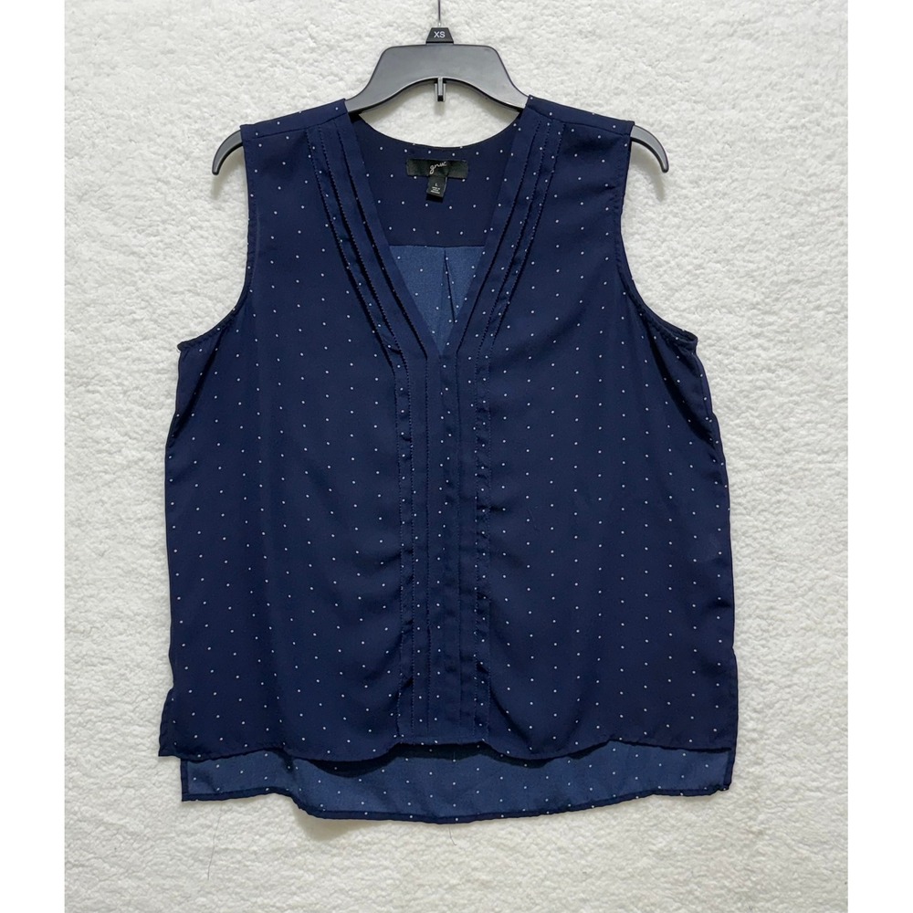 J Crew Navy Blue Polka Dot Sleeveless Top V Neck‎ Pleated Blouse Women's